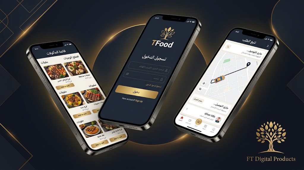 منظومة TFood المتكاملة - تطبيق توصيل الطعام والوجبات مع لوحة تحكم إدارية